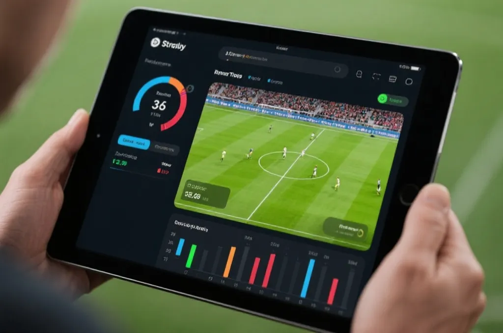 A sleek interface of a sports streaming application on a tablet showing real-time statistics and live football action